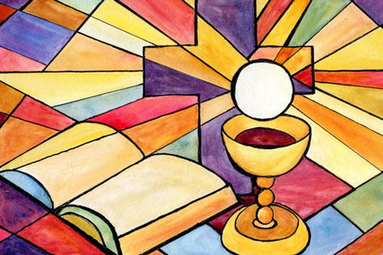 stained glass depicting chalice and bread